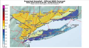 The latest snowfall projections for Wednesday's Nor'easter from the National Weather Service.