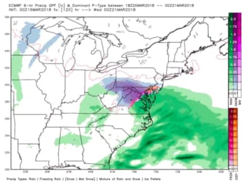 The European model shows a rain-snow line over the Interstate 95 corridor on Tuesday with some heavy snow (in pink).