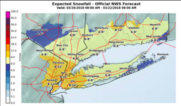 A look at the latest projected snowfall accumulation totals for the midweek storm, released early Monday evening by the National Weather Service.