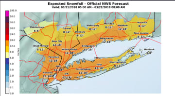 Snowfall projections for the Nor'easter, released early Wednesday morning by the National Weather Service.