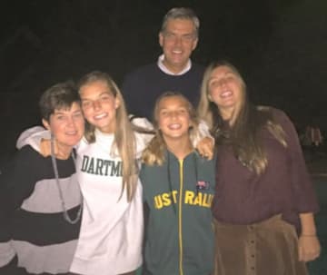 Bob Stefanowski with his wife, Amy, and their three daughters. The Madison business executive won Tuesday's GOP primary election for governor.