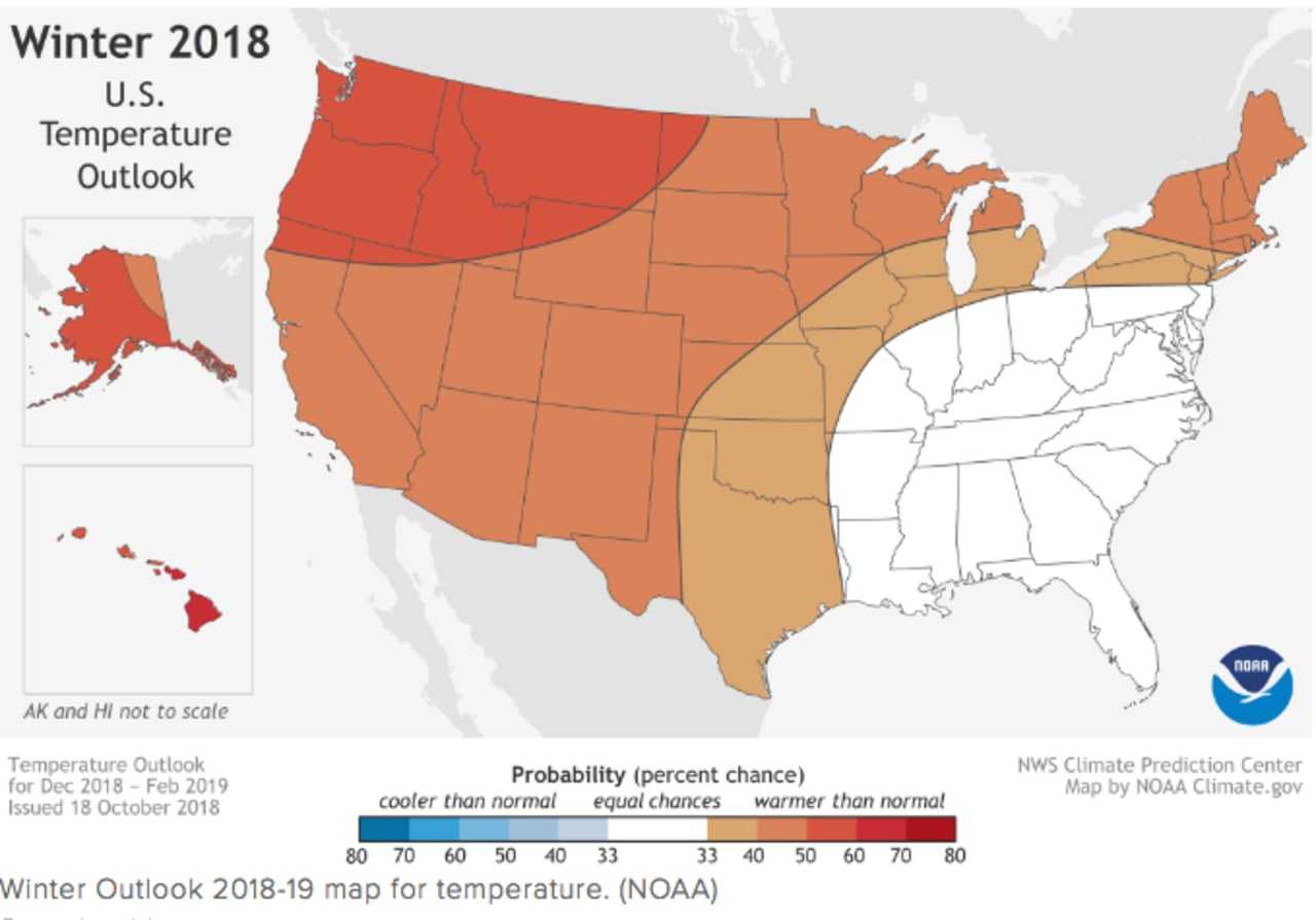 The National Weather Service's outlook for the winter of 2018-19.