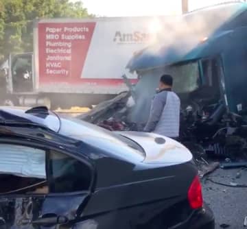 The eastbound tractor-trailer plowed through the median and slammed into a BMW and Freightliner headed toward it in the westbound lanes, authorities said.