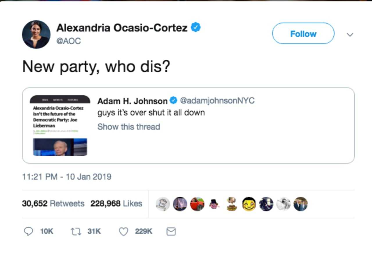 "New party, who dis?' wrote Alexandria Ocasio-Cortez after retweeted Joe Lieberman's comment about her in which he said: "I certainly hope she’s not the future and I don’t believe she is,"