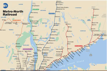 Metro-North's New Haven Line is shown in red.
