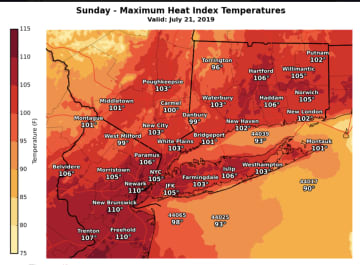A look at the latest, updated projected maximum heat index temperatures for Sunday, July 21.