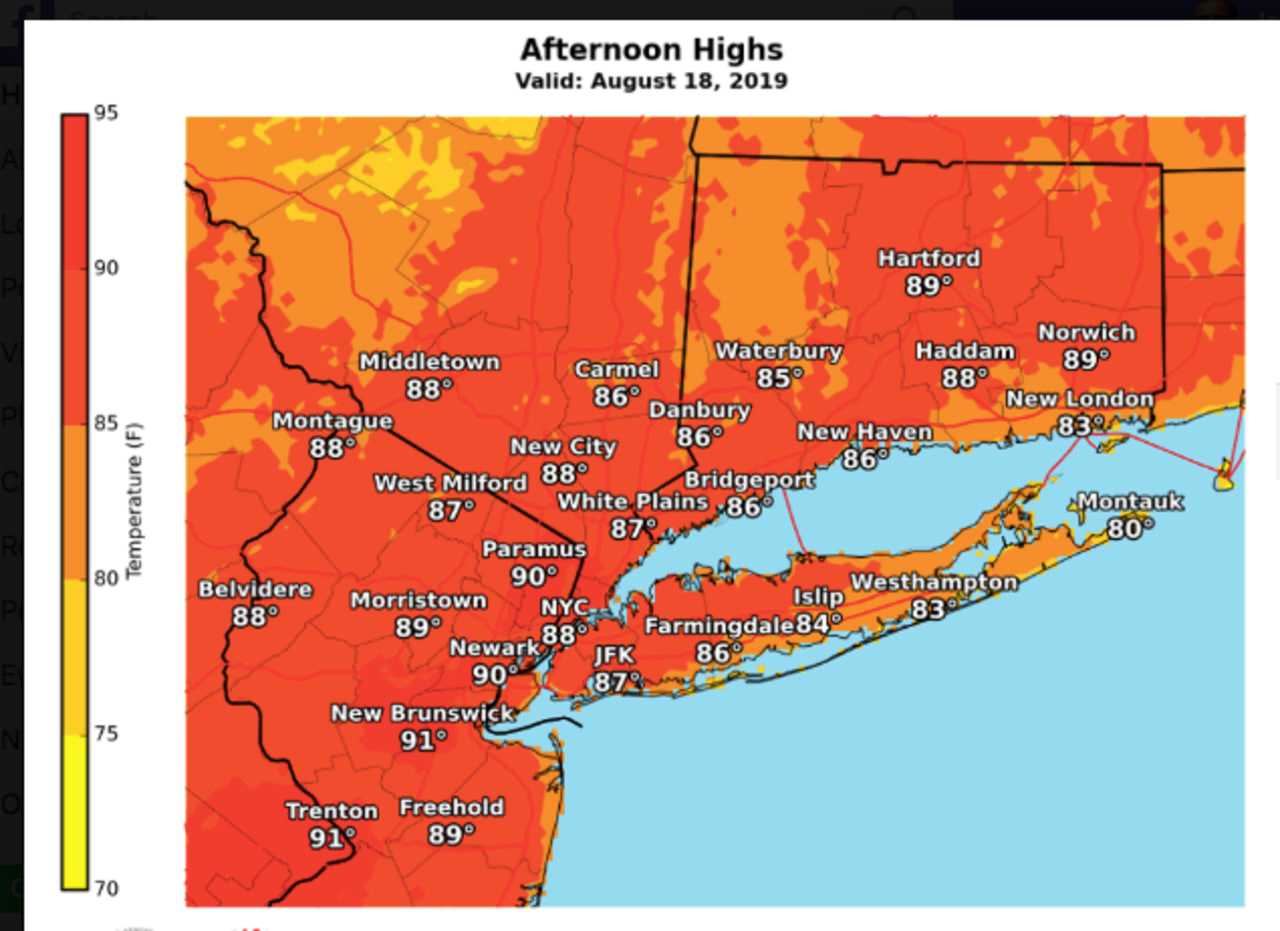 A look at projected high temperatures from throughout the region on Sunday, Aug. 18.