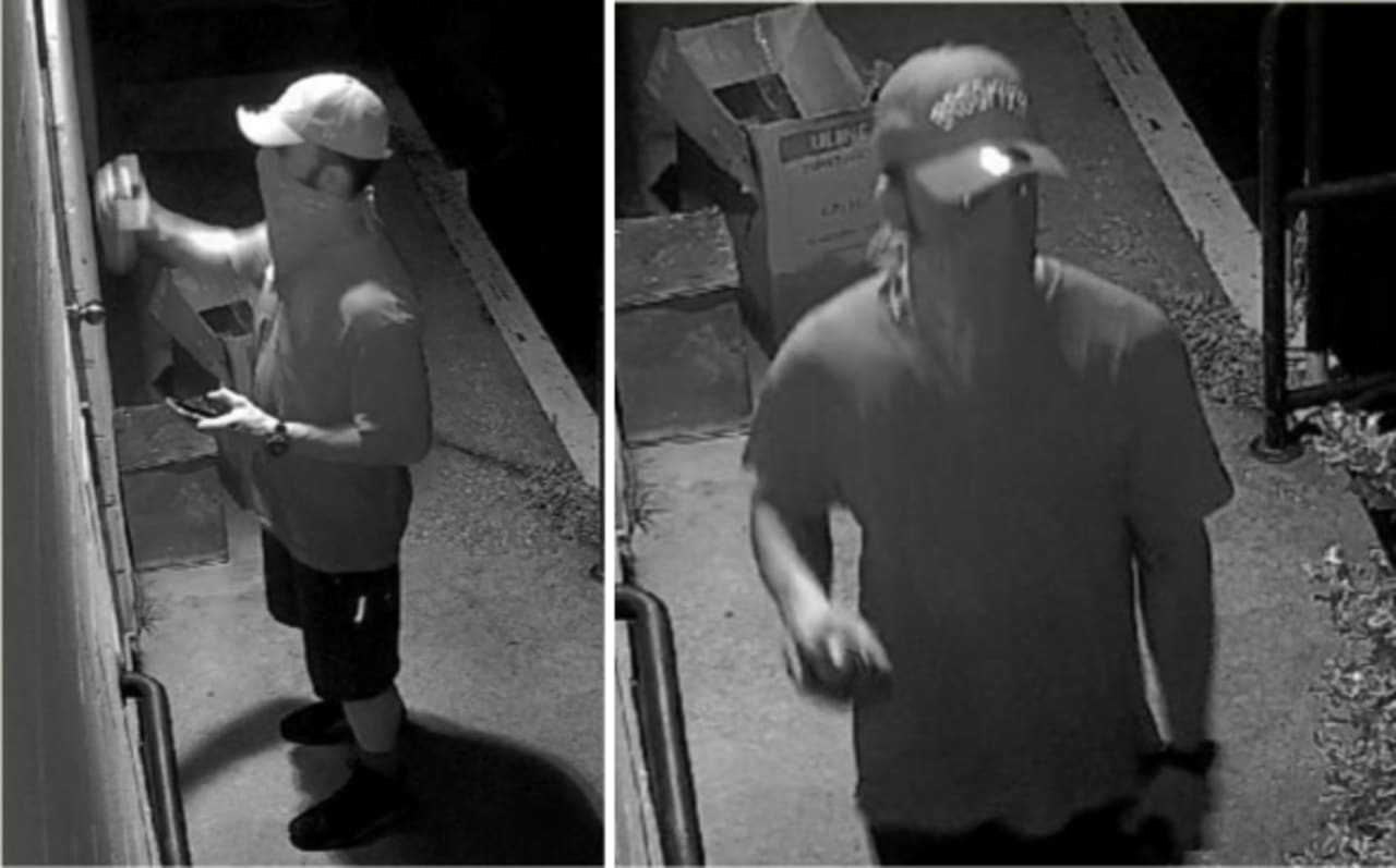 Police are on the lookout for a man suspected of spray painting graffiti on the rear door and loading dock at Sav-On Printing Inc. (598 Route 25A) the morning of Wednesday, June 26.