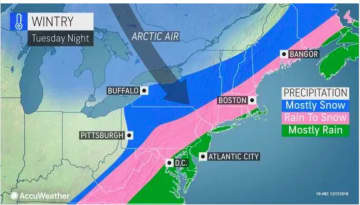 A wintry mix will arrive Tuesday night, Dec. 10 after a rainstorm on Monday, Dec. 9.