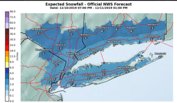 Projected snowfall totals for overnight Tuesday, Dec. 10 into Wednesday morning, Dec. 11 for areas mainly south of I-84 in New York and Connecticut.