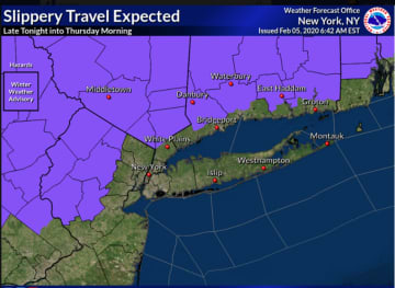 A look at areas (in purple) where a Winter Weather Advisory is now in effect from 11 p.m. Wednesday, Feb. 5 through 10 a.m. Thursday, Feb. 6.