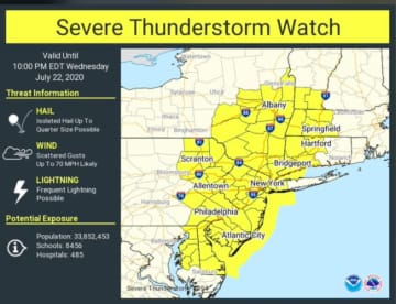 A look at areas (in yellow) where a Severe Thunderstorm Watch is in effect until 10 p.m. Wednesday, July 22.