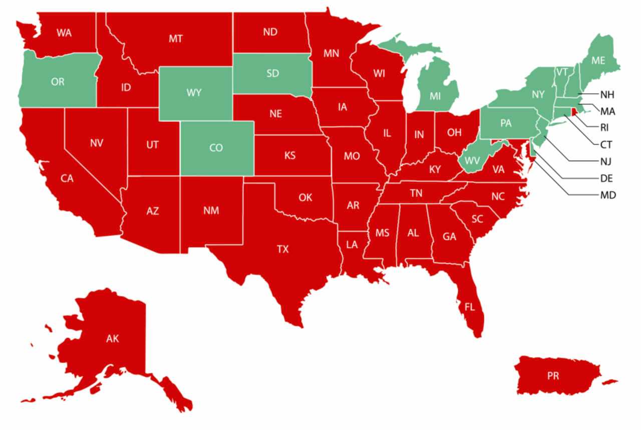 The list of states that are subject to a mandatory 14-day quarantine when traveling into New York or Connecticut.