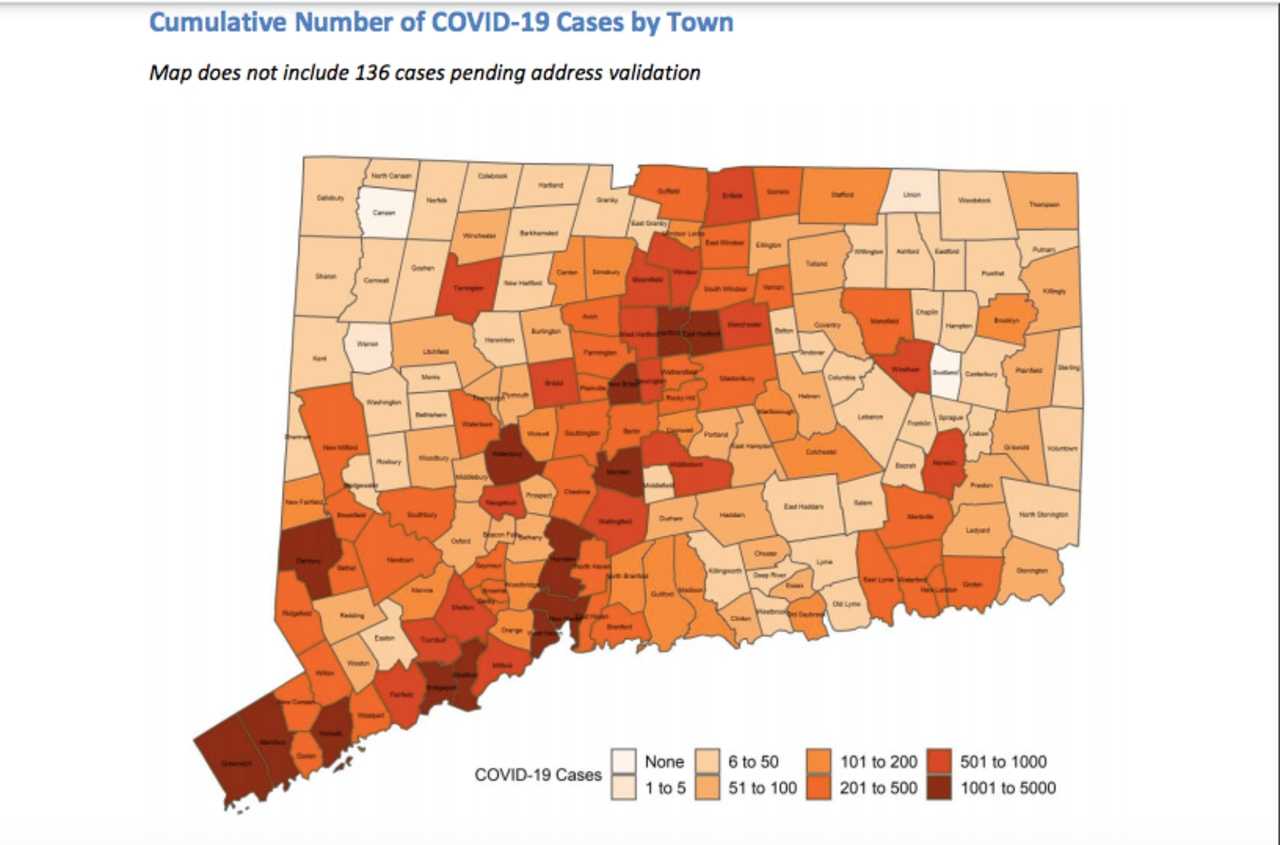 A look at COVID cases by town in Connecticut.