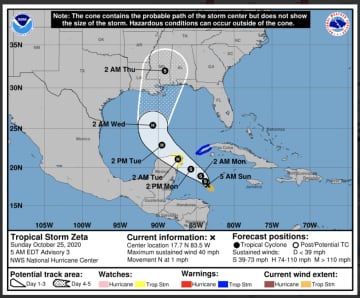 A look at the projected path for Tropical Storm Zeta, released Sunday morning, Oct. 25.