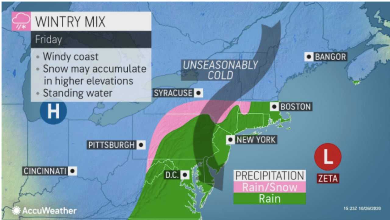 A look at areas in the Northeast (in pink) expected to see some snow at the end of the week.