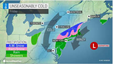 A look at areas expected to see a mix of rain and snow (in pink) and snow (in blue) on Friday morning, Oct. 30.