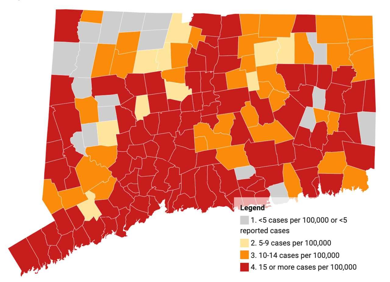 <p>This map shows the average daily rate of new cases of COVID-19 by town during the past two weeks. Only cases among persons living in community settings are included in this map</p>