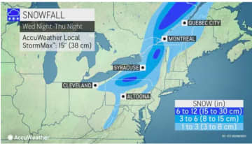 A look at the parts of the Northeast expected to see accumulating snowfall Wednesday, March 31 into Thursday, April 1, with 6 to 12 inches possible in the areas of New York State shown in dark blue.
