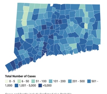 This map shows the distribution of COVID-19 cases, deaths, and tests since the beginning of the pandemic. Darker colors indicate towns with more cases