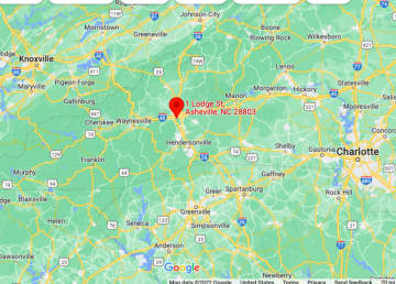 The crash happened at the Biltmore Estate (marked in red) in Asheville, North Carolina.