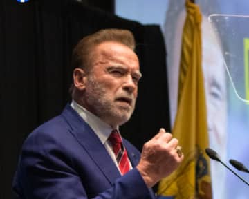 Arnold Schwarzenegger speaks at Stockton University.