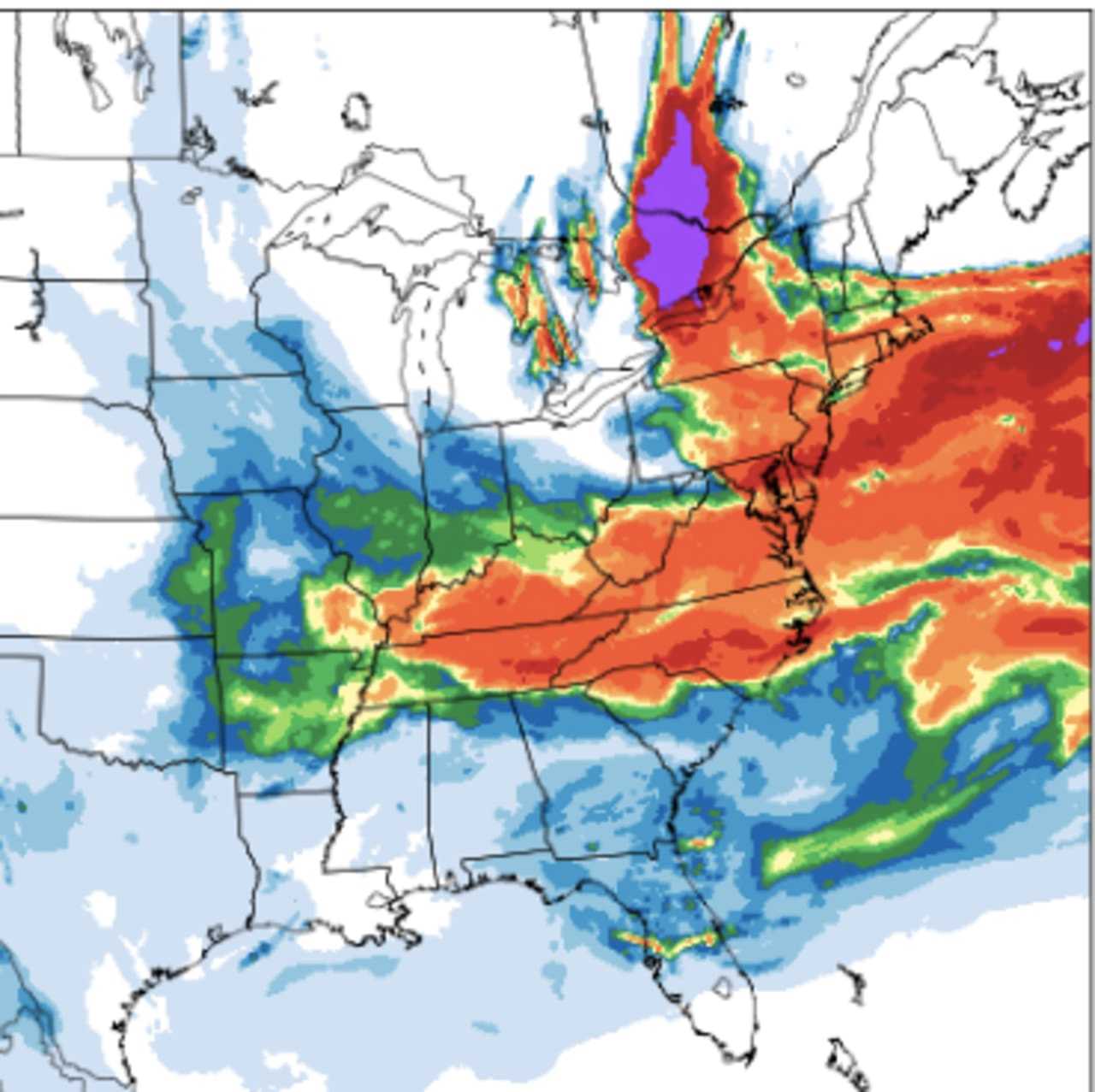 The red in the map shows areas with high concentrations of smoke that originated from Canada.  "Also notice the purple plumes from the eastern Canadian fires," the National Weather Service notes.