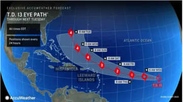 The corrected projected timing and track for Tropical Depression 13 through early next week.