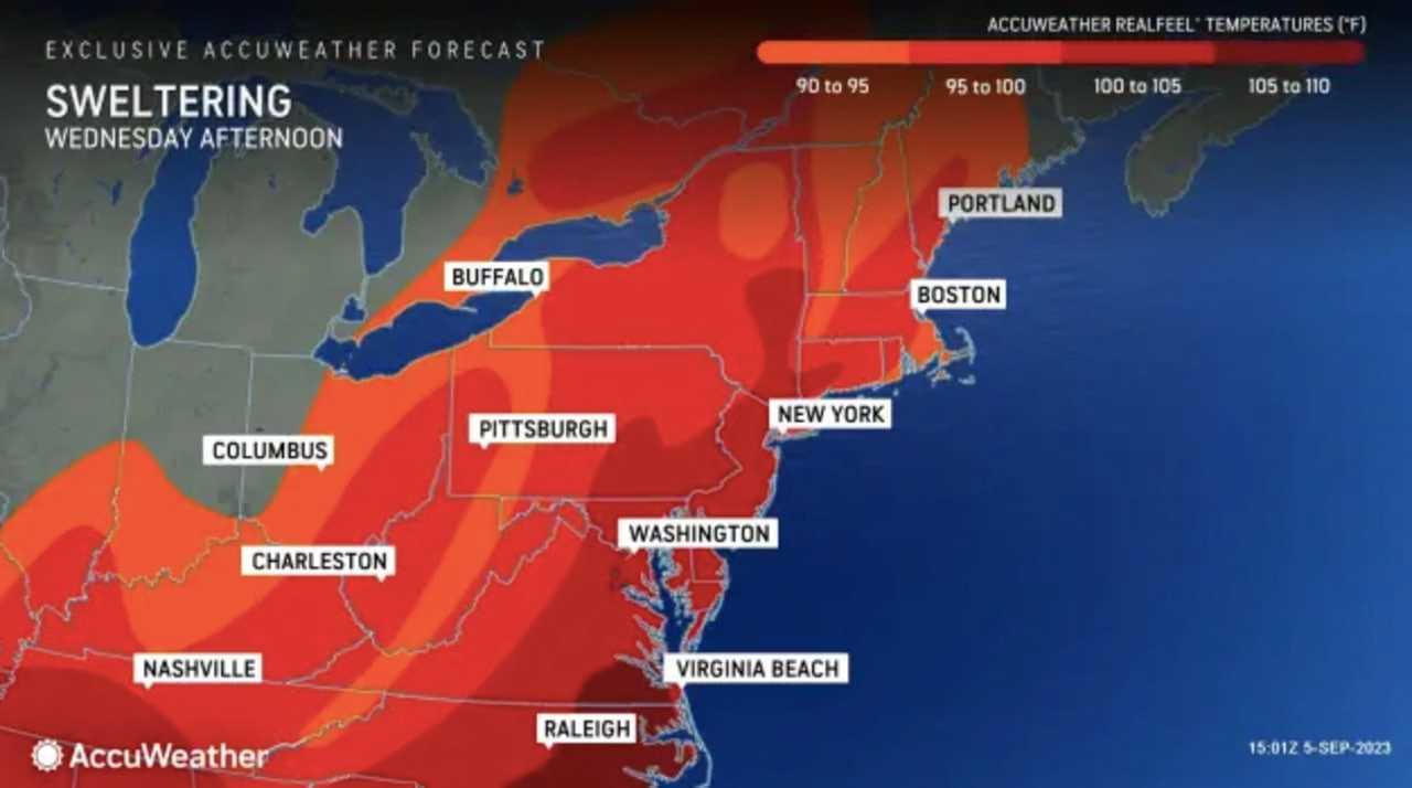 AccuWeather's real-feel map shows much of the mid-Atlantic could seem like temperatures are more than 100 degrees.