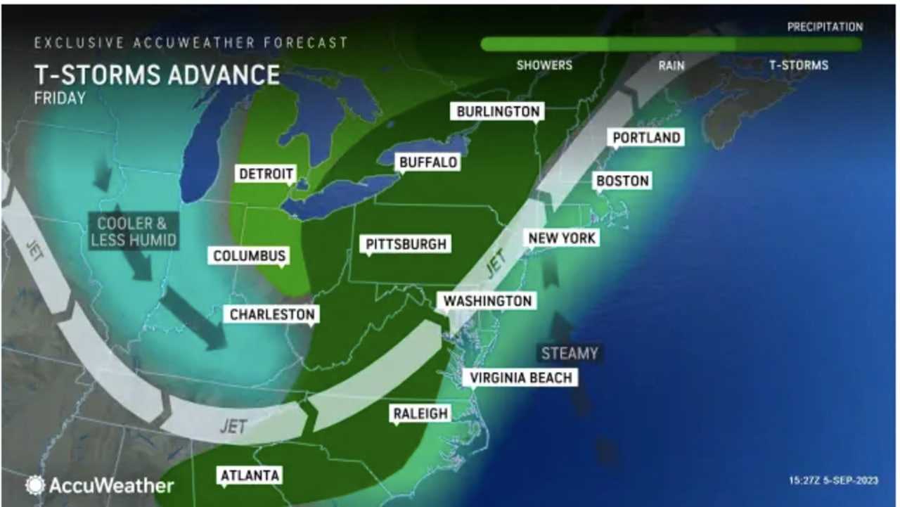 Scattered thunderstorms will arrive Friday, Sept. 8, and continue at times into Saturday, Sept. 9.