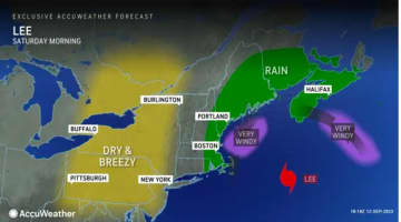 Hurricane Lee's impacts on the region Saturday, Sept. 16. Dry and breezy in NJ and PA, rain likely along Cape Cod, and in northern New England.