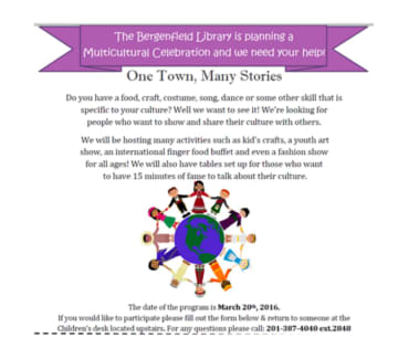 The Bergenfield Public Library is seeking assistance in organizing its 2016 Multicultural Celebration.