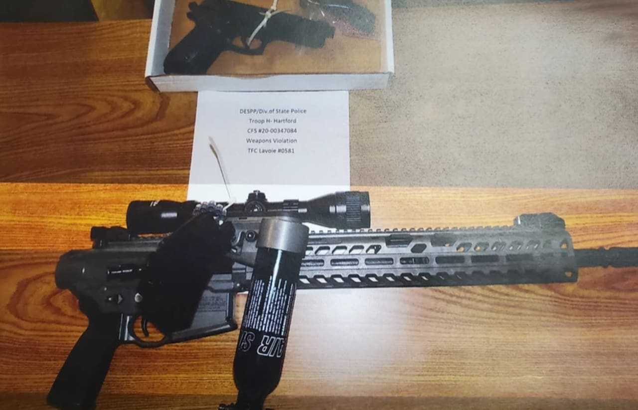 Weapons seized by Connecticut State Police following a search of the Buckland Street commuter lot in Manchester.