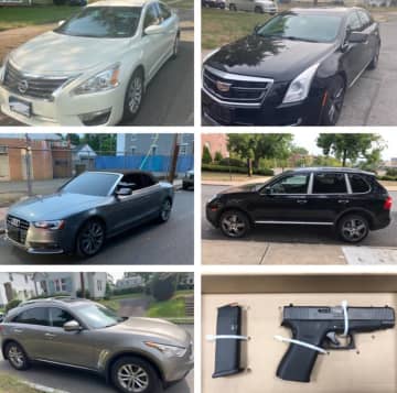 The most recent batch of stolen cars, and one stolen gun, recovered by Hartford Police.