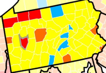 CDC map of COVID-19 rates in Pennsylvania July 25 through Aug. 1. COVID-19 community spread or positive test results map key is as follows: Red: High; Brown: Substantial; Yellow: Moderate; Blue: Low.