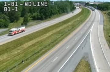 A firetruck rushing to a vehicle fire along Interstate 81 in Pennsylvania near the Maryland border.