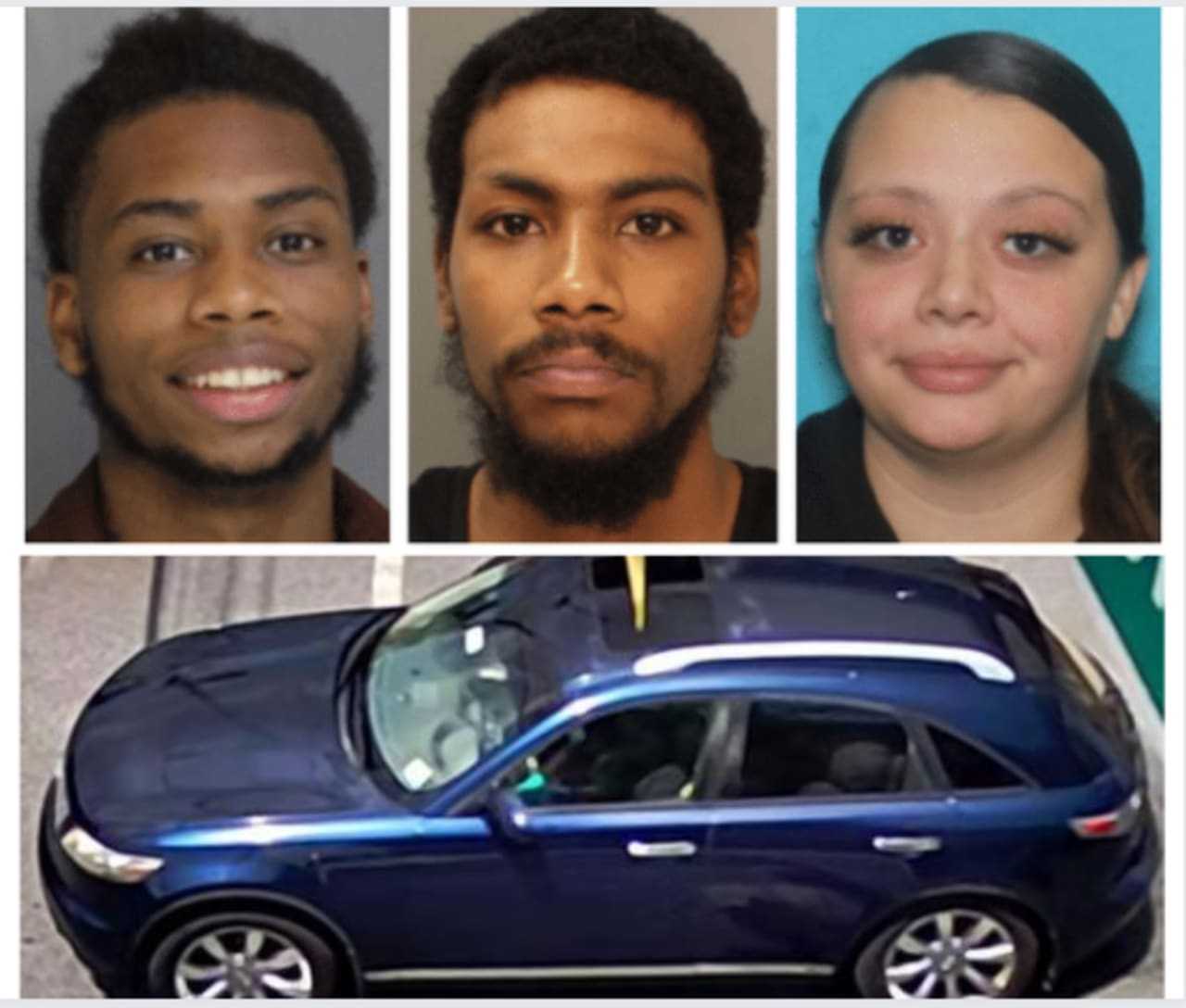 Hailey Ann Mia Torres (right), Kaywan Dean Johnson (left), Dajohn Na'Rayn Sanders (center), and the vehicle sought by Chambersburg police.