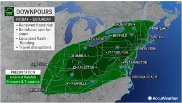 Thunderstorms will be widespread on Friday, Aug. 5, with areas in dark green seeing the heaviest rainfall.