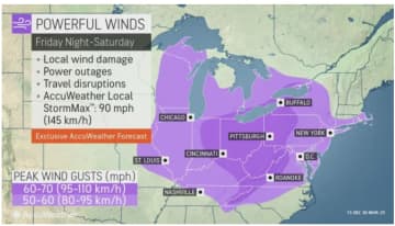 Powerful wind gusts will be the main threat from the potent storm system.