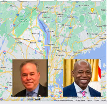 Rockland County Executive Ed Day, left, and New York City Mayor Eric Adams. (Rockland County is outlined in red in the map.)