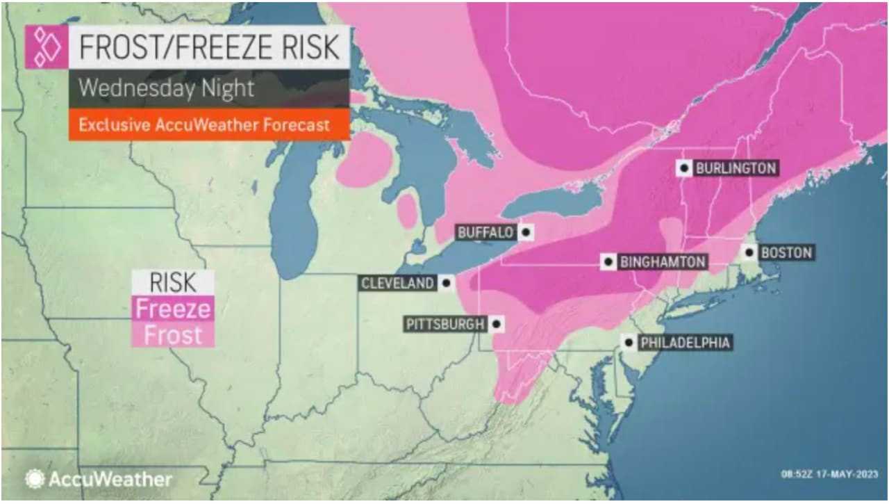 Temperatures could drop below the freezing mark across the Northeast Wednesday night, May 17, bringing the risk for a frost or freeze.