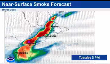 A plume of Canadian wildfire smoke is forecast to drift over the area Tuesday and could lead to decreased air quality. This National Weather Service image projects conditions at 3 p.m. Tuesday, May 30.