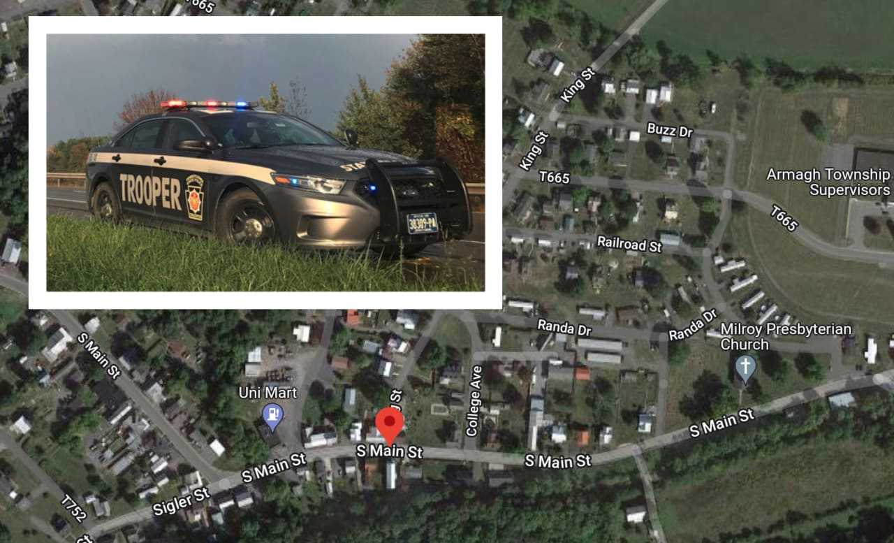 A Pennsylvania state police vehicle and King Street in Armagh Township.