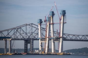 The new Tappan Zeen Bridge's first set of stay cables started going up in July. They will anchor the main deck to the span's towers.