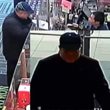 Surveillance footage of the man accused of stealing hundreds of dollars worth of liquor from a Cortlandt store Monday, April 18.