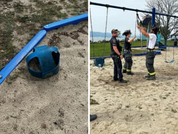 Police and firefighters cut down a swing at Senasqua Park in Croton-on-Hudson after a girl became stuck in it.