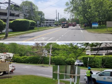 Route 172 in Mount Kisco is currently closed because of a fallen pole and low-hanging wires.