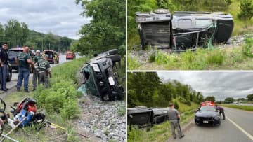 A rollover crash on the on-ramp between Route 35 and I-684 North in Katonah slowed traffic for around an hour and resulted in landscaping equipment being spilled.