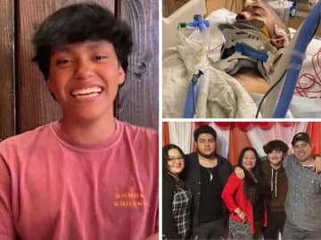 Three teenagers (clockwise from left) Axel Cantor, Jonathan Martinez, and Erick Fuentes were severely injured after the car they were in collided head-on with a school bus in New Castle.