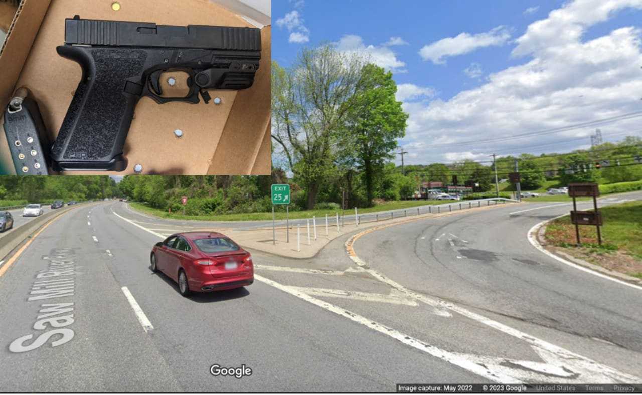 Two suspects were caught with an unloaded Polymer80 9 mm "ghost gun" after crashing on the Saw Mill River Parkway in Hawthorne at Exit 25.